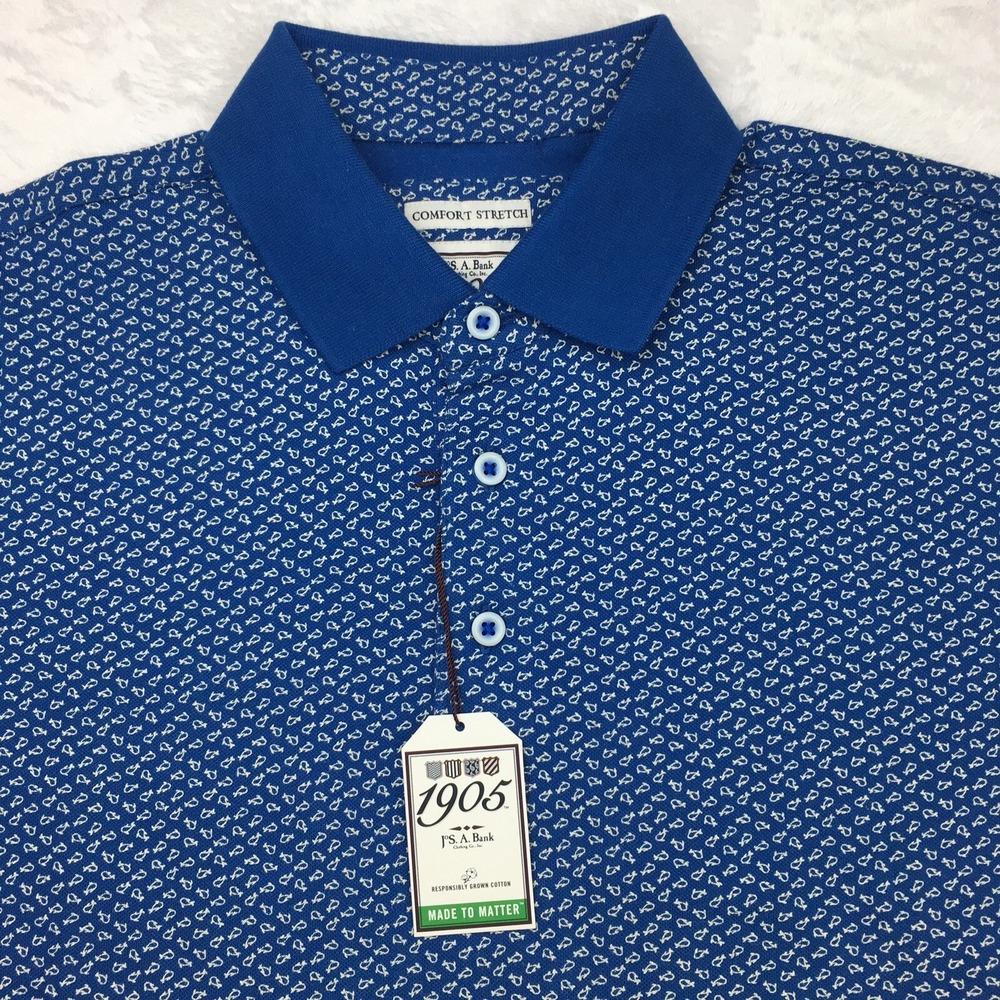 Jos A. Bank Polo Shirt Mens Small Blue Fish Pattern Comfort Stretch NWT!